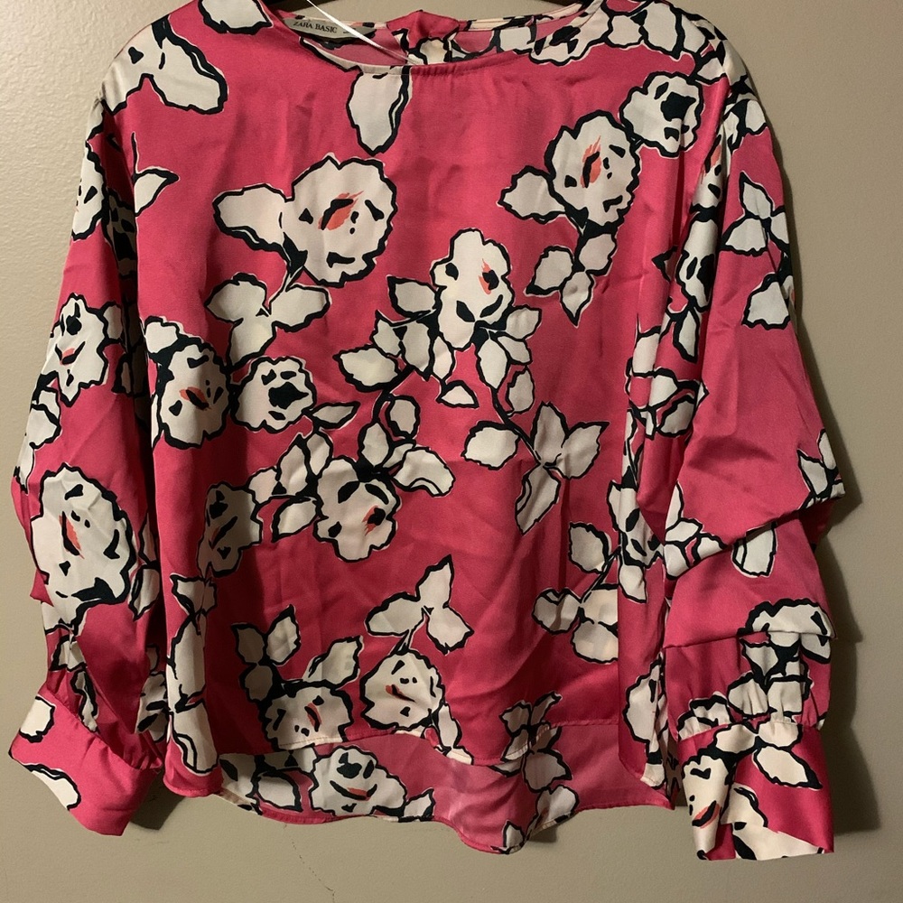 Zara  top Blouse oriental print size 10  Pink ivory